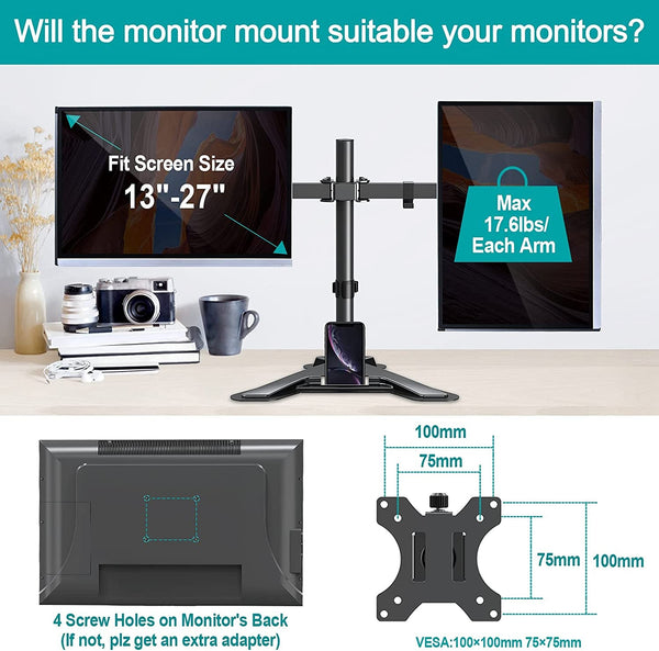 Dual Monitor Stand -  Mount Fits 2 Screens