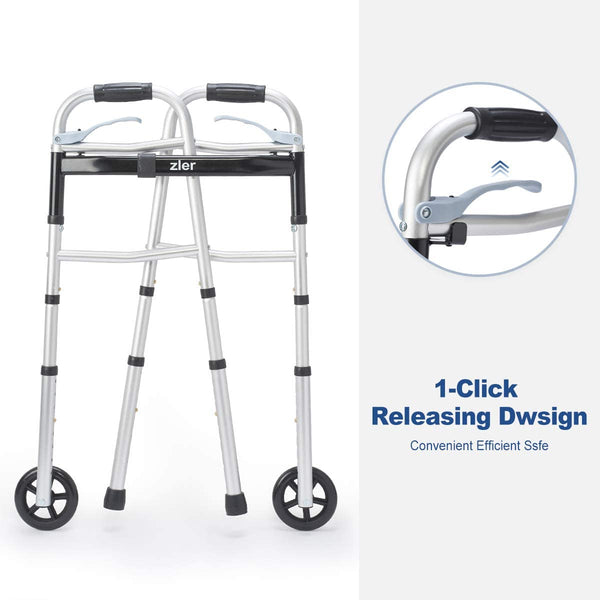 Narrow Folding Walker for Seniors with Trigger Release and 5 Inches Wheels - 300 Lb Support