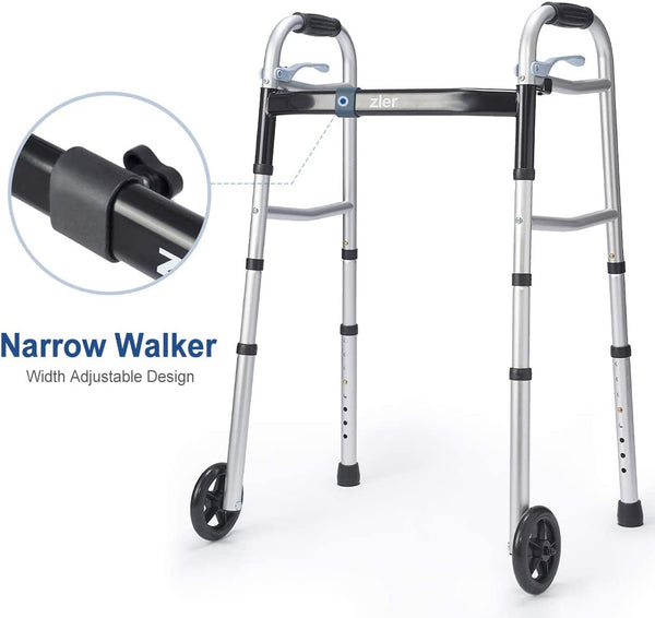 Narrow Folding Walker for Seniors with Trigger Release and 5 Inches Wheels - 300 Lb Support