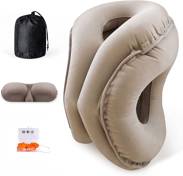 Inflatable Travel Pillow for Airplanes Travel with Eye Mask, Earplugs and Portable Drawstring Bag