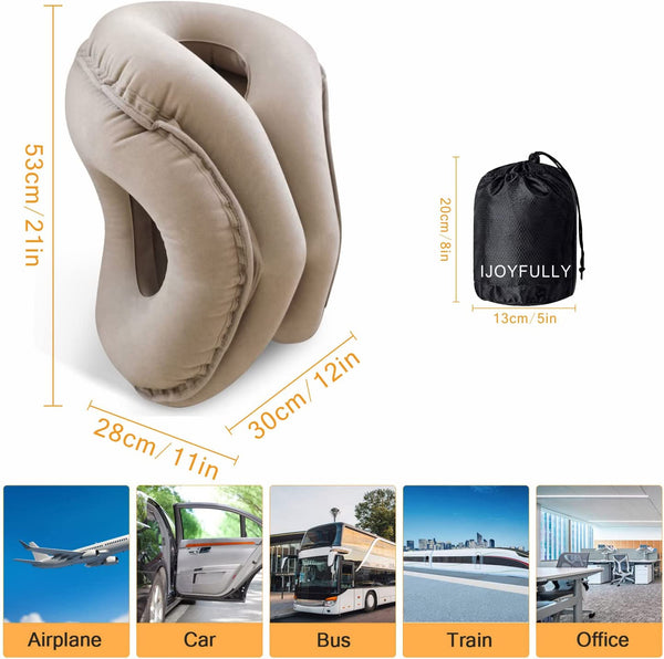 Inflatable Travel Pillow for Airplanes Travel with Eye Mask, Earplugs and Portable Drawstring Bag