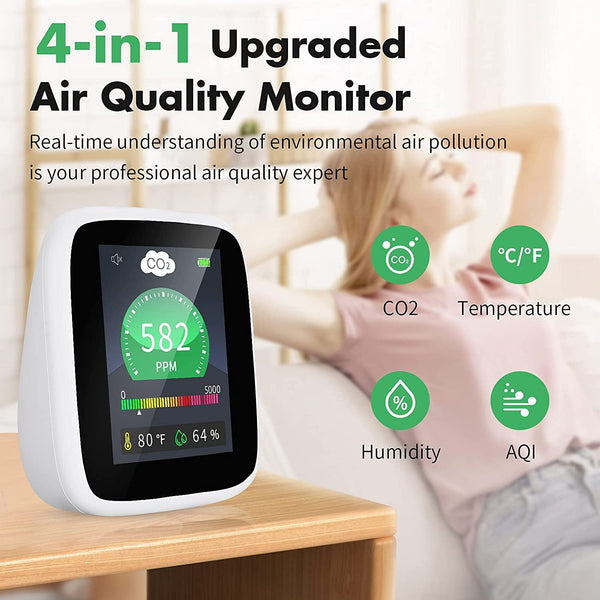 CO2 Carbon Dioxide Detector - 4-In-1 Indoor Air Quality Monitor Portable CO2 Monitor