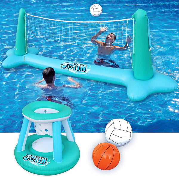 Inflatable Pool Float Set Volleyball Net & Basketball Hoops - Floating Swimming Game Toy for Kids and Adults