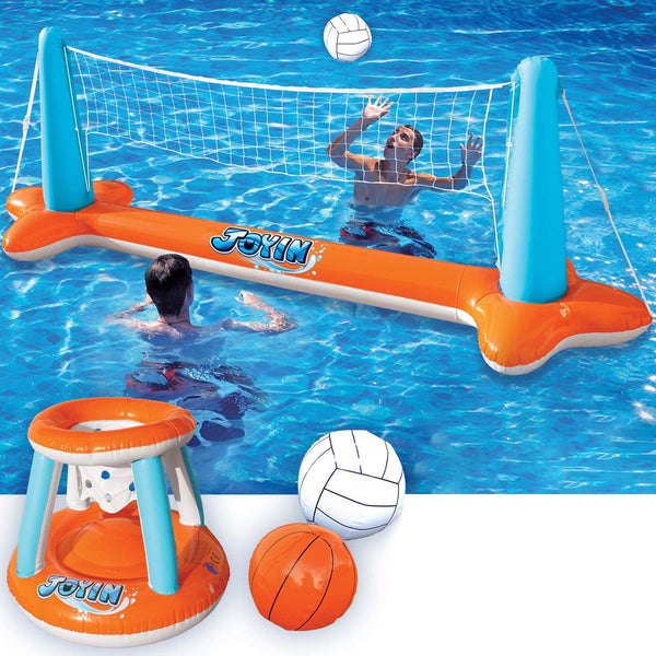 Inflatable Pool Float Set Volleyball Net & Basketball Hoops - Floating Swimming Game Toy for Kids and Adults
